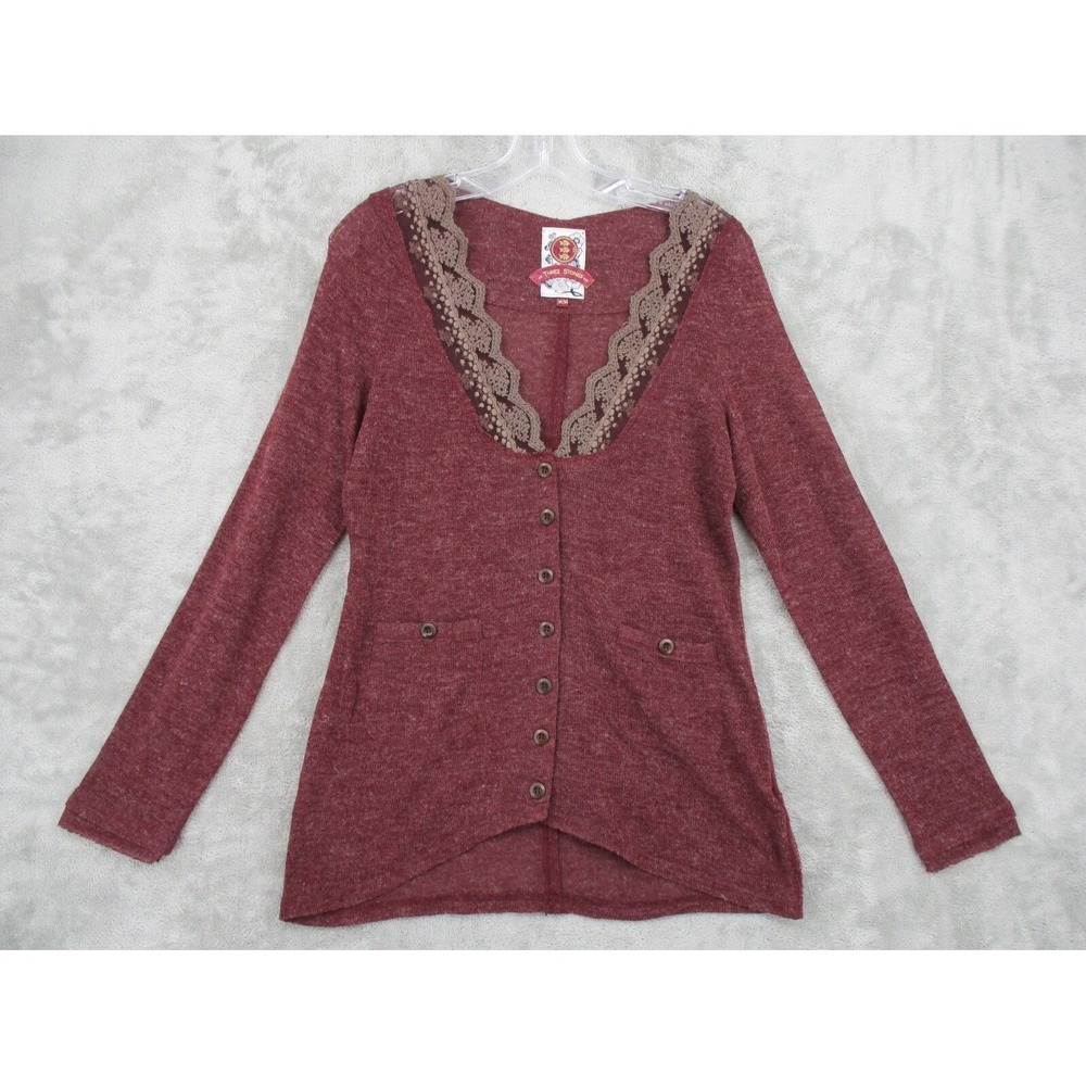 Three Stones Sweater Womens Size M Lace Coquette Cardigan Peppy Romantic Knit